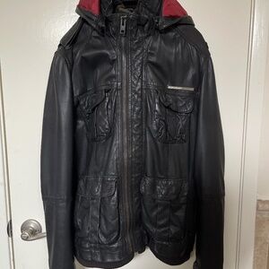 Superdry hooded bomber black leather with red lining size medium mens